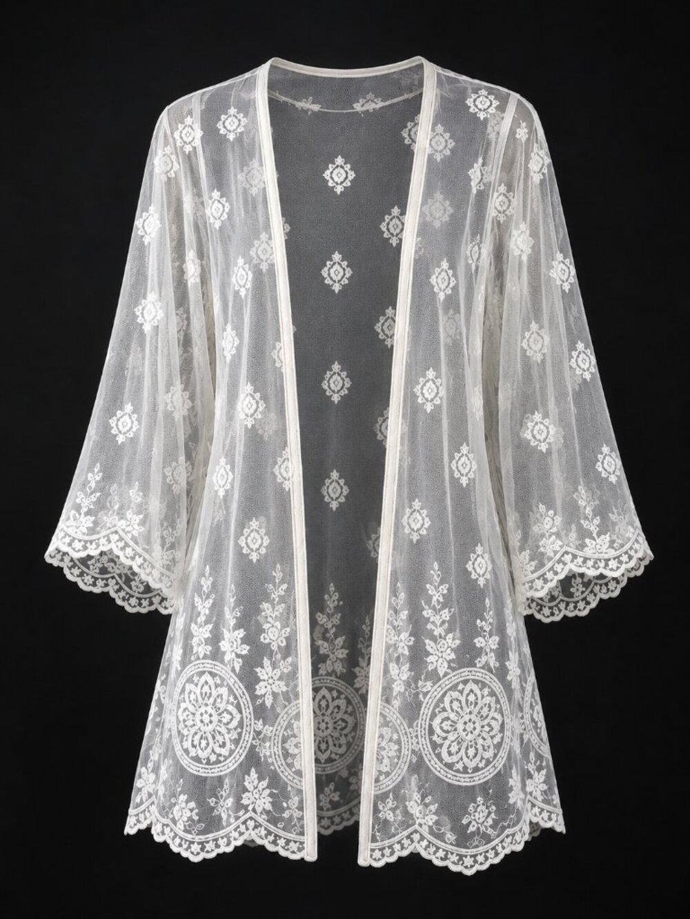 White Embroidered Mesh Lace Kimono Cardigan Boho Sheer Open Front Cover Up